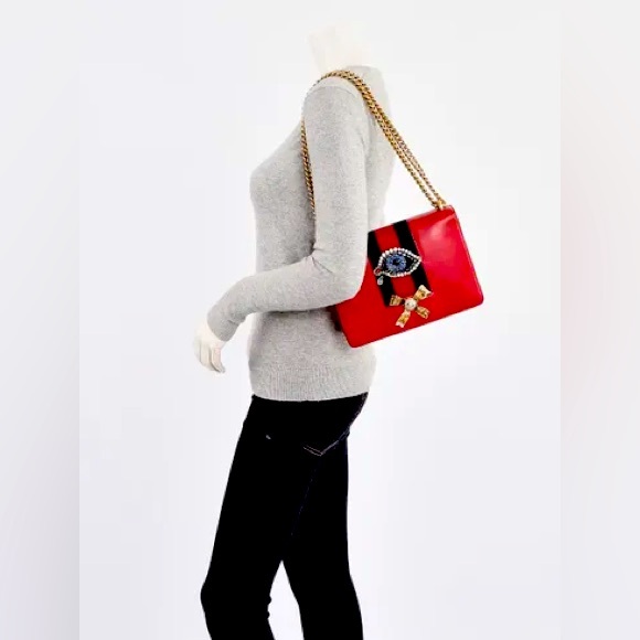 Authentic limited Edition GUCCI Red Leather Web Peony Eye Chain Shoulder Bag - Picture 9 of 17